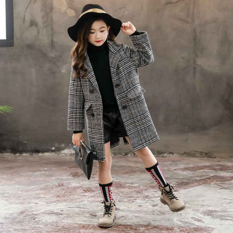 Girls Gray Plaid Houndstooth Coat Stylish Winter Jacket