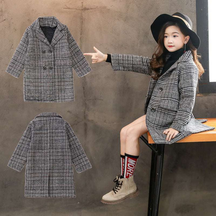 Girls Gray Plaid Houndstooth Coat Stylish Winter Jacket