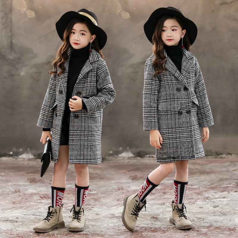 Girls Gray Plaid Houndstooth Coat Stylish Winter Jacket