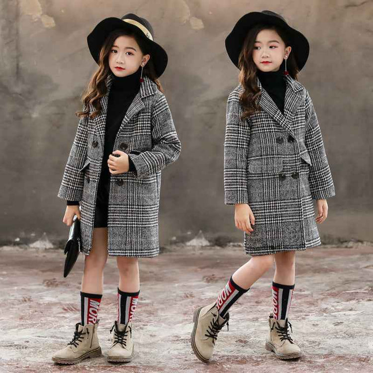 Girls Gray Plaid Houndstooth Coat Stylish Winter Jacket