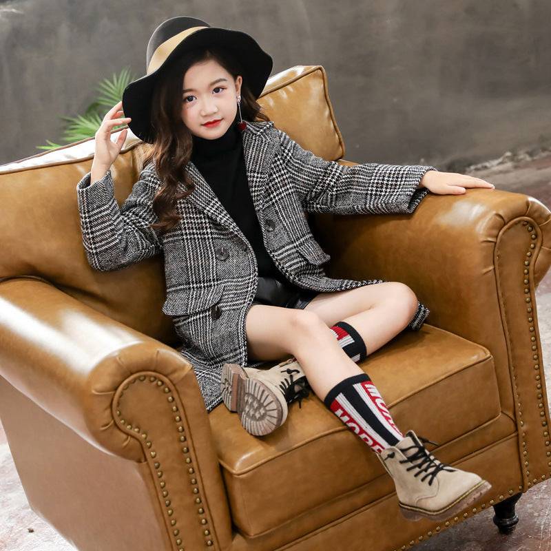Girls Gray Plaid Houndstooth Coat Stylish Winter Jacket